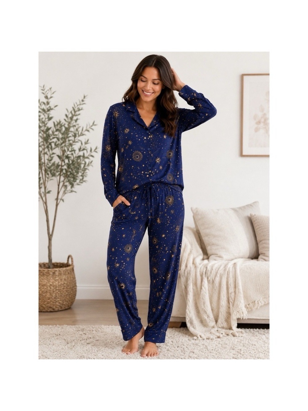 NEW-Room Service Women's Shawl Collar Lounge Pajama Set Blue Celestial Star/Moon - Picture 7 of 14